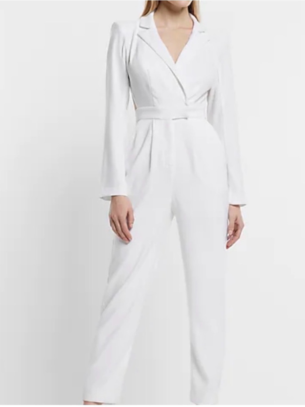 White Tailored Jumpsuit with Belted Waist and Open Back